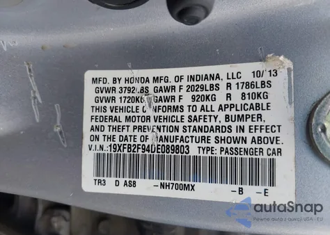 2013 Honda Civic Ex-L z USA, uszkodzony, nr VIN 19XFB2F94DE089803